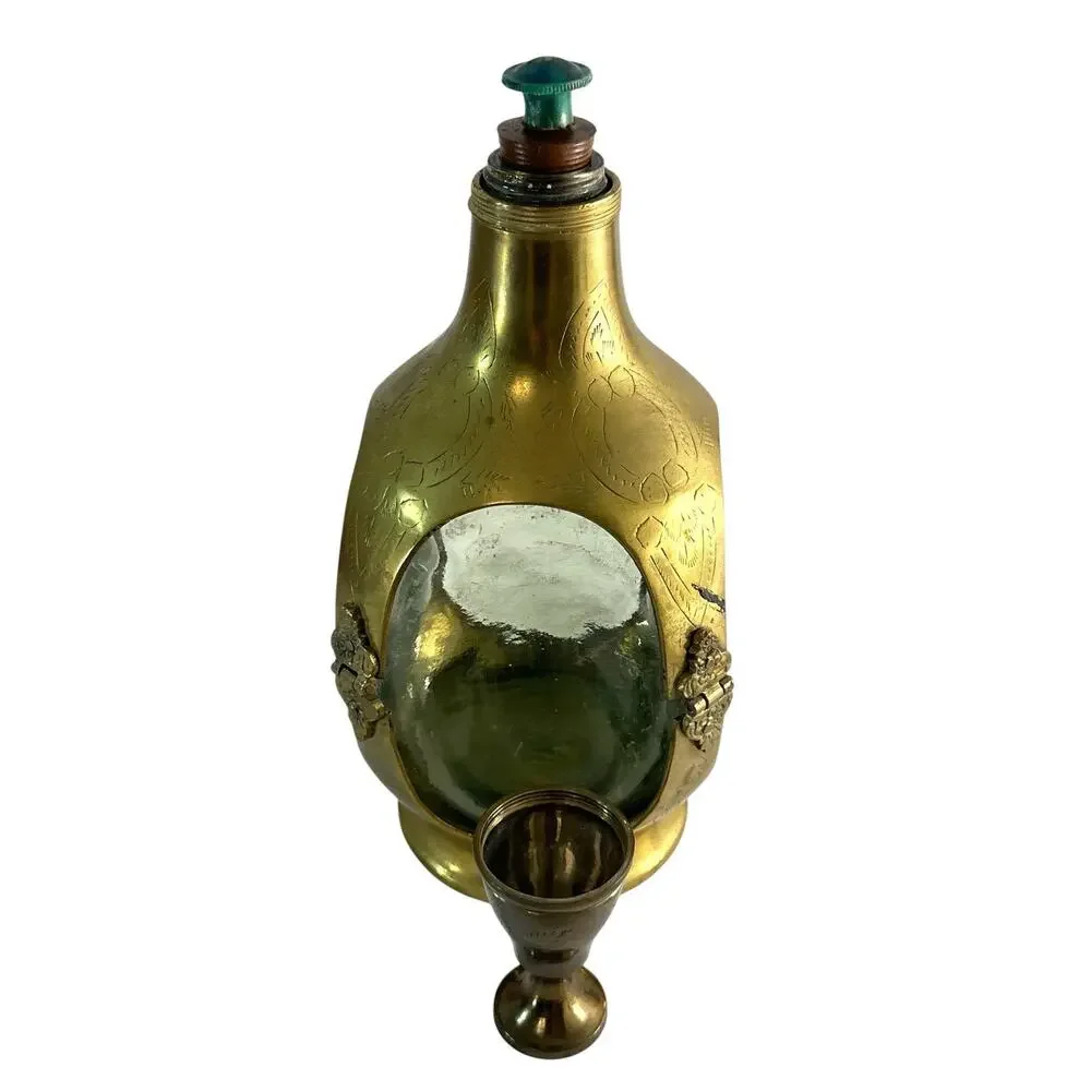 Vintage Indian Solid Brass & Glass Liquor Decanter Flask with Cup Stopper 10”